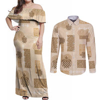 Vintage Lapita Couples Matching Off Shoulder Maxi Dress and Long Sleeve Button Shirt Iconic Double Face Pattern Beige LT05 Beige - Polynesian Pride