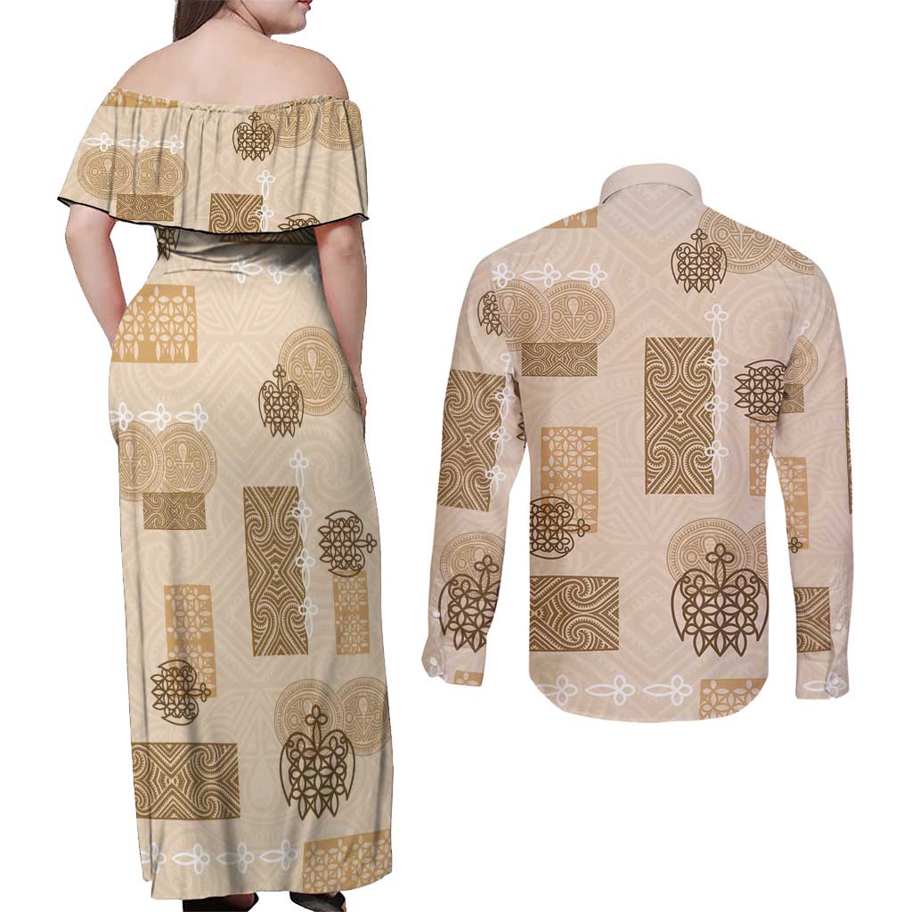 Vintage Lapita Couples Matching Off Shoulder Maxi Dress and Long Sleeve Button Shirt Iconic Double Face Pattern Beige LT05 - Polynesian Pride