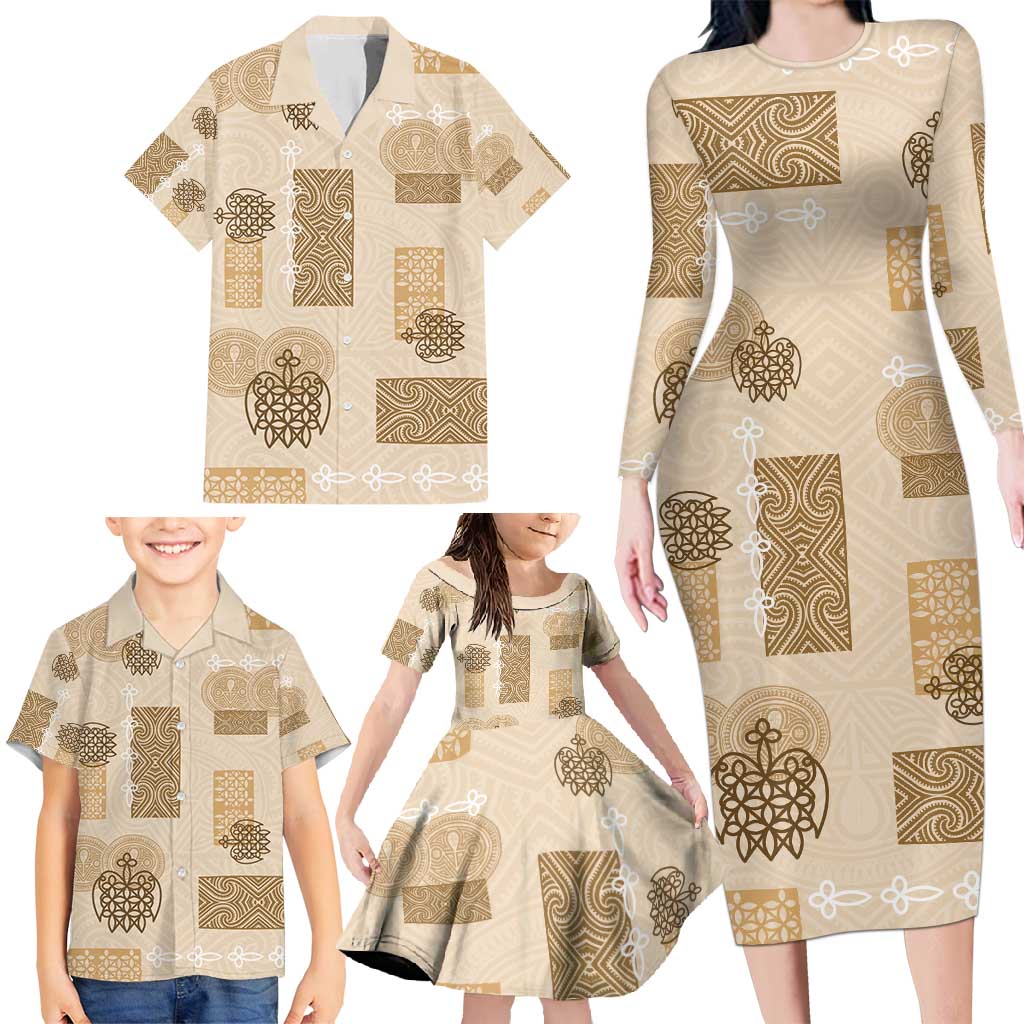 Vintage Lapita Family Matching Long Sleeve Bodycon Dress and Hawaiian Shirt Iconic Double Face Pattern Beige LT05 - Polynesian Pride