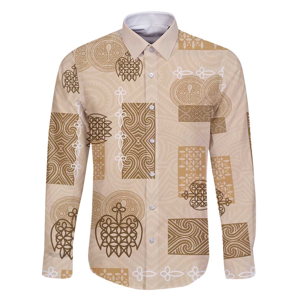 Vintage Lapita Family Matching Off Shoulder Maxi Dress and Hawaiian Shirt Iconic Double Face Pattern Beige LT05 Dad's Shirt - Long Sleeve Beige - Polynesian Pride