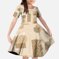 Vintage Lapita Family Matching Short Sleeve Bodycon Dress and Hawaiian Shirt Iconic Double Face Pattern Beige LT05 Daughter's Dress Beige - Polynesian Pride