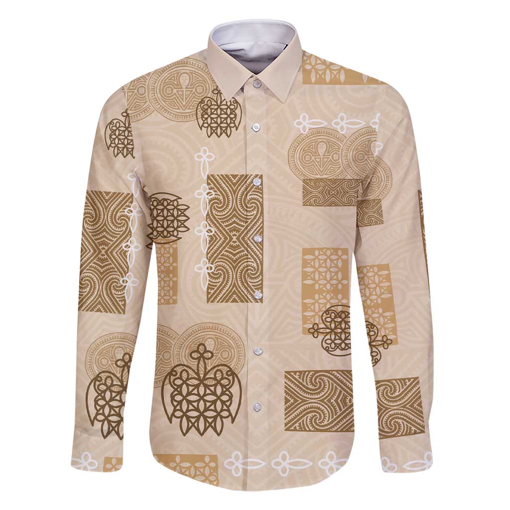 Vintage Lapita Family Matching Short Sleeve Bodycon Dress and Hawaiian Shirt Iconic Double Face Pattern Beige LT05 Dad's Shirt - Long Sleeve Beige - Polynesian Pride