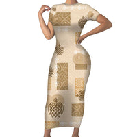Vintage Lapita Family Matching Short Sleeve Bodycon Dress and Hawaiian Shirt Iconic Double Face Pattern Beige LT05 Mom's Dress Beige - Polynesian Pride