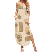 Vintage Lapita Family Matching Summer Maxi Dress and Hawaiian Shirt Iconic Double Face Pattern Beige LT05 Mom's Dress Beige - Polynesian Pride