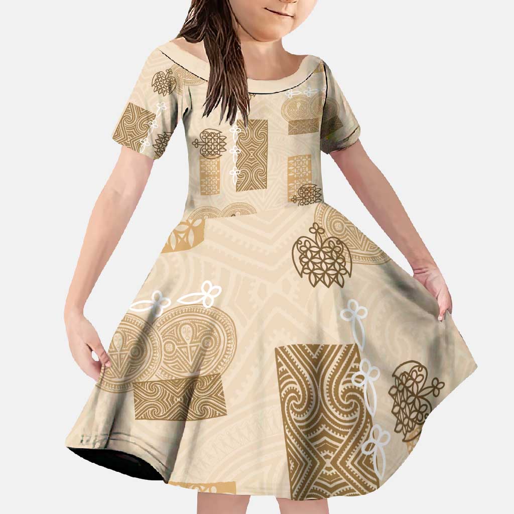 Vintage Lapita Family Matching Tank Maxi Dress and Hawaiian Shirt Iconic Double Face Pattern Beige LT05 Daughter's Dress Beige - Polynesian Pride