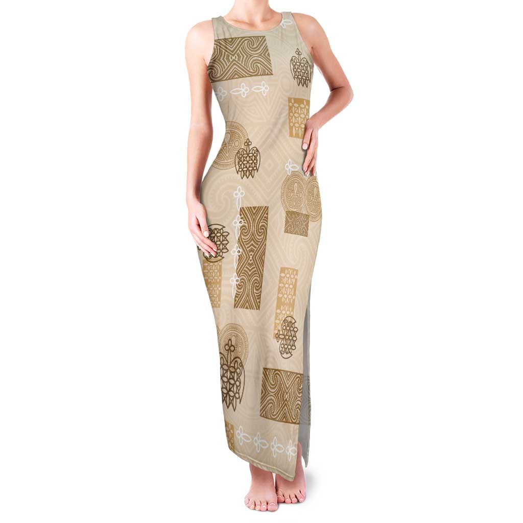 Vintage Lapita Family Matching Tank Maxi Dress and Hawaiian Shirt Iconic Double Face Pattern Beige LT05 Mom's Dress Beige - Polynesian Pride