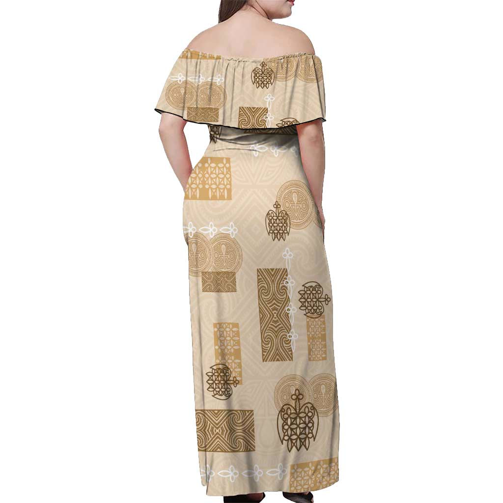 Vintage Lapita Off Shoulder Maxi Dress Iconic Double Face Pattern Beige