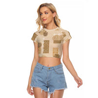 Vintage Lapita Raglan Cropped T Shirt Iconic Double Face Pattern Beige LT05 Female Beige - Polynesian Pride