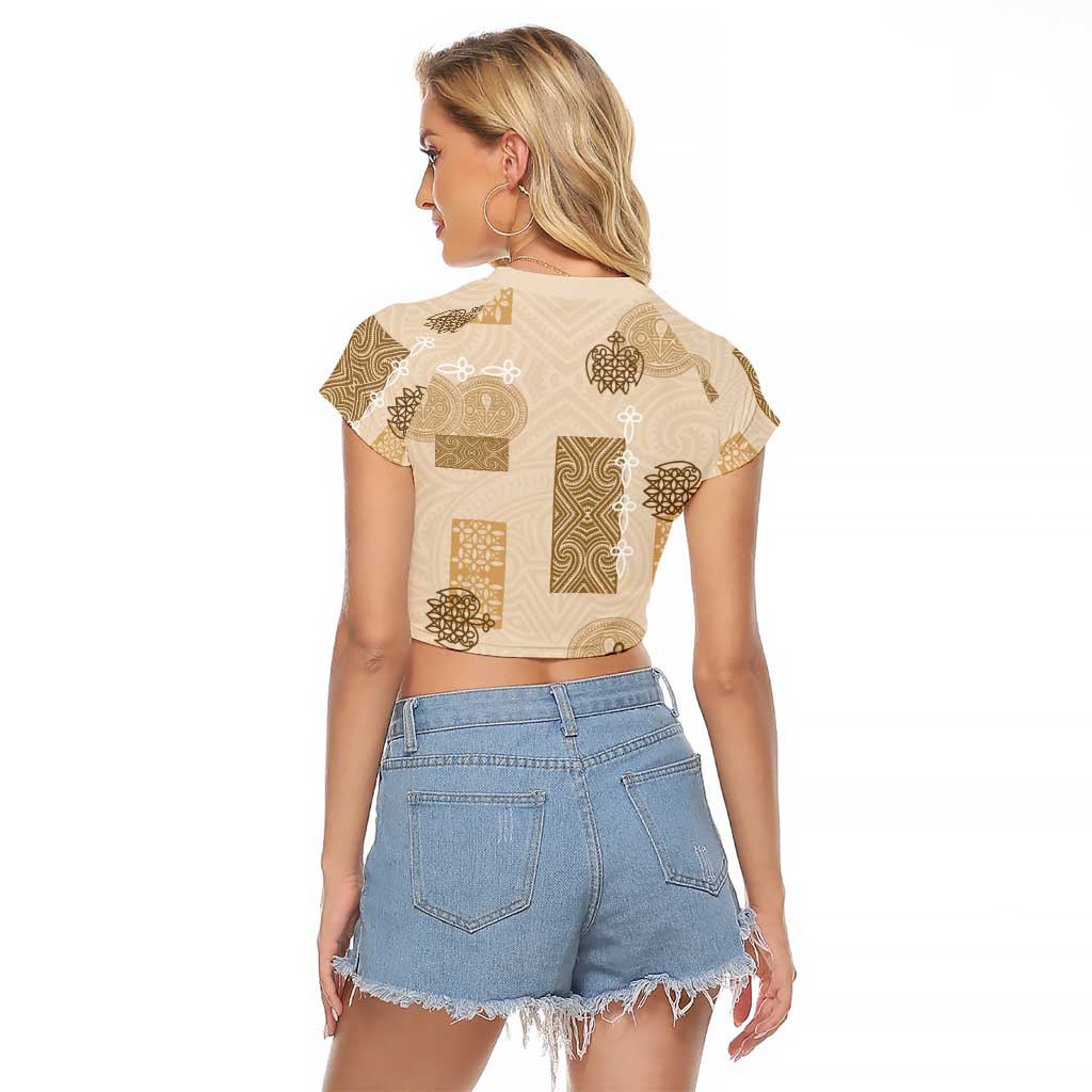 Vintage Lapita Raglan Cropped T Shirt Iconic Double Face Pattern Beige LT05 - Polynesian Pride