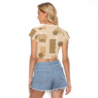 Vintage Lapita Raglan Cropped T Shirt Iconic Double Face Pattern Beige LT05 - Polynesian Pride