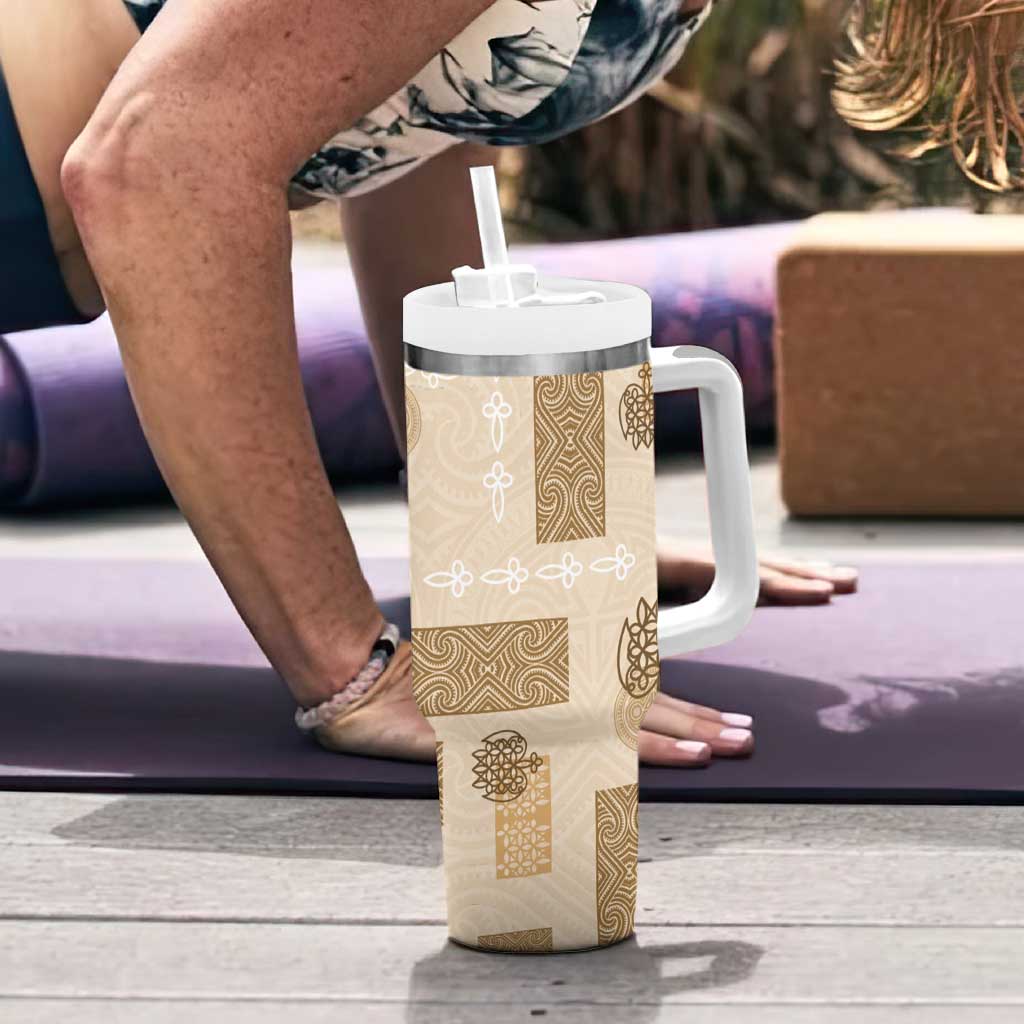 Vintage Lapita Tumbler With Handle Iconic Double Face Pattern Beige LT05 - Polynesian Pride