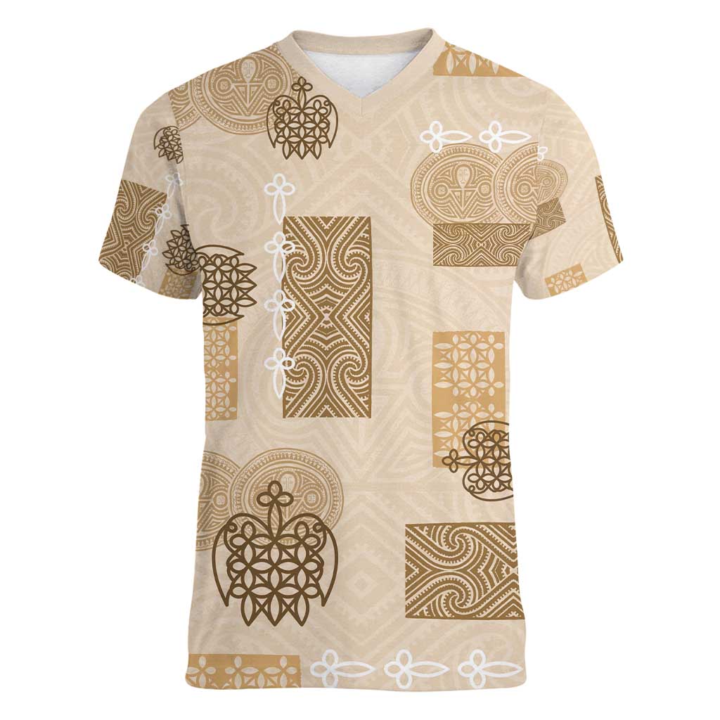Vintage Lapita Women V-Neck T-Shirt Iconic Double Face Pattern Beige LT05 Female Beige - Polynesian Pride
