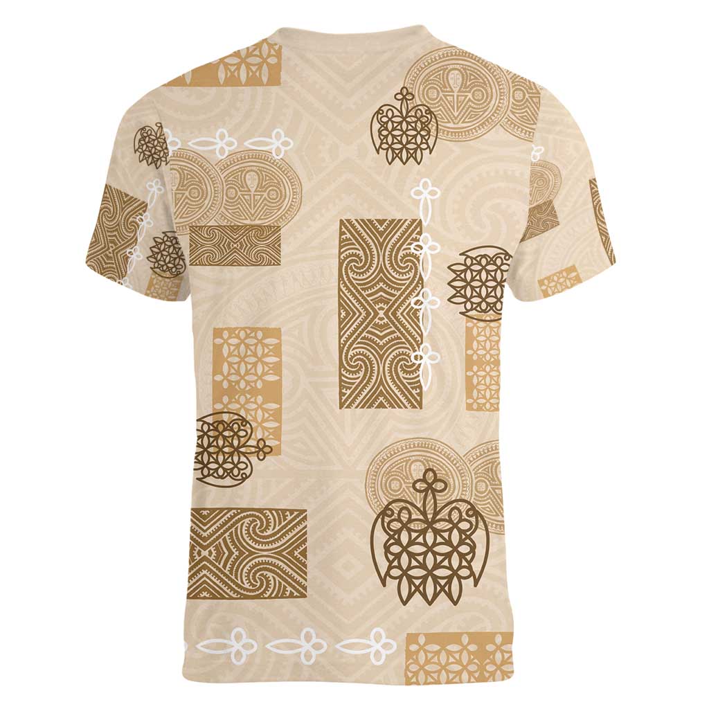 Vintage Lapita Women V-Neck T-Shirt Iconic Double Face Pattern Beige LT05 - Polynesian Pride