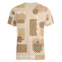 Vintage Lapita Women V-Neck T-Shirt Iconic Double Face Pattern Beige LT05 - Polynesian Pride