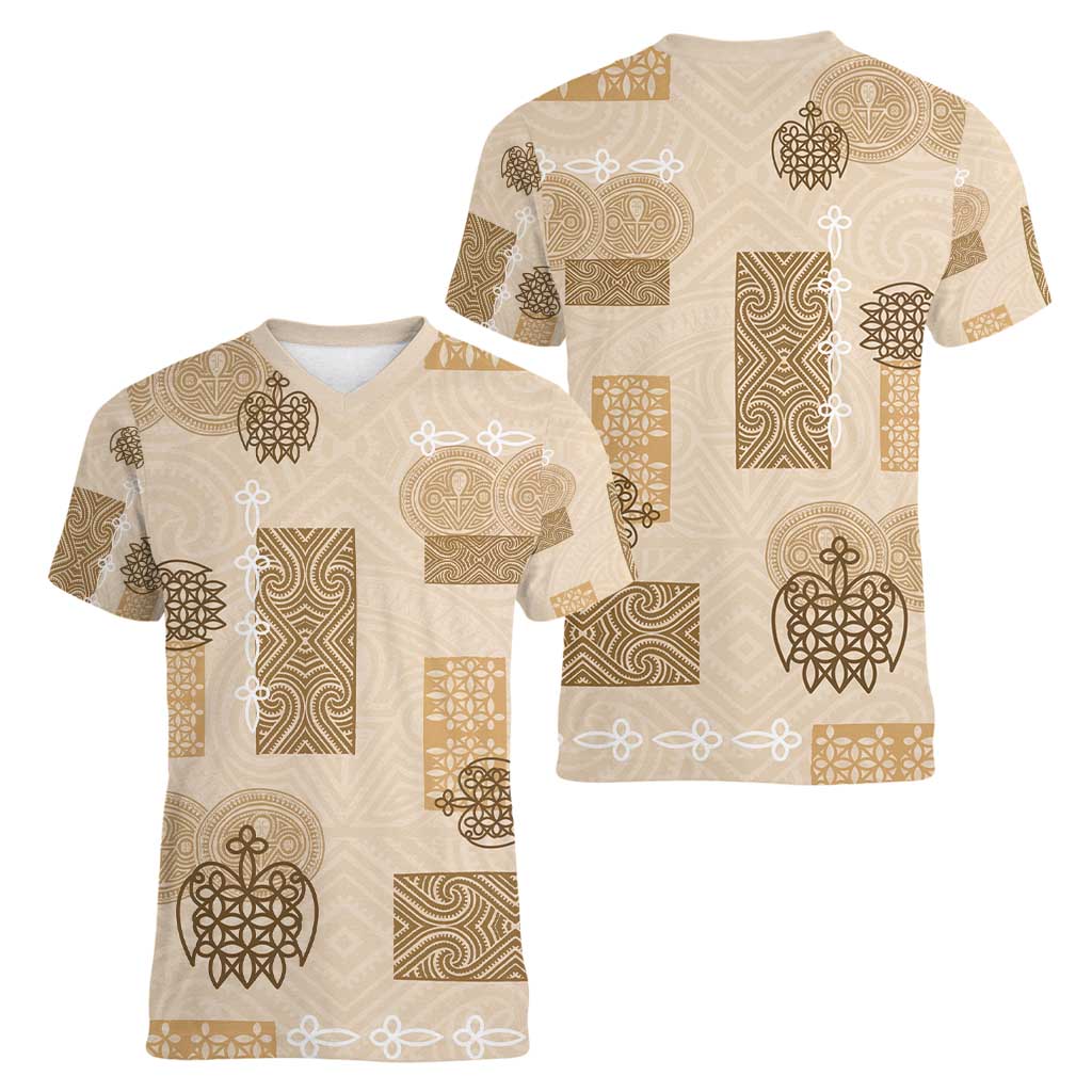 Vintage Lapita Women V-Neck T-Shirt Iconic Double Face Pattern Beige LT05 - Polynesian Pride