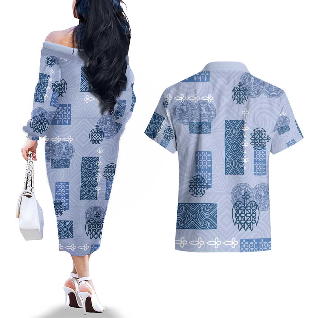 Vintage Lapita Couples Matching Off The Shoulder Long Sleeve Dress and Hawaiian Shirt Iconic Double Face Pattern Blue