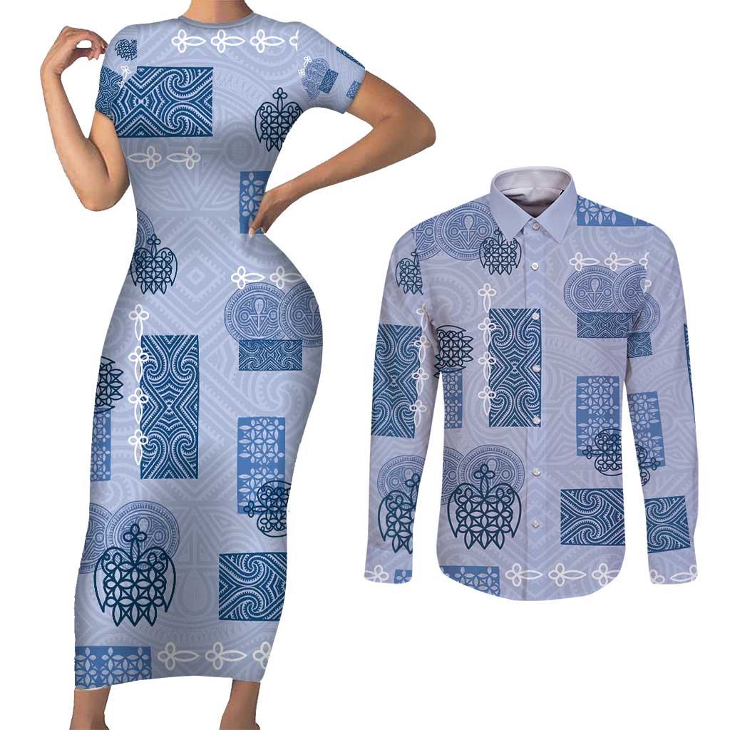 Vintage Lapita Couples Matching Short Sleeve Bodycon Dress and Long Sleeve Button Shirt Iconic Double Face Pattern Blue LT05 Blue - Polynesian Pride