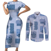 Vintage Lapita Couples Matching Short Sleeve Bodycon Dress and Long Sleeve Button Shirt Iconic Double Face Pattern Blue LT05 Blue - Polynesian Pride