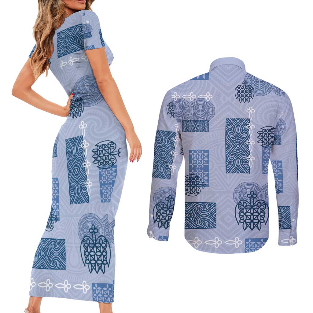 Vintage Lapita Couples Matching Short Sleeve Bodycon Dress and Long Sleeve Button Shirt Iconic Double Face Pattern Blue LT05 - Polynesian Pride