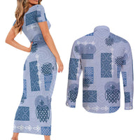 Vintage Lapita Couples Matching Short Sleeve Bodycon Dress and Long Sleeve Button Shirt Iconic Double Face Pattern Blue LT05 - Polynesian Pride