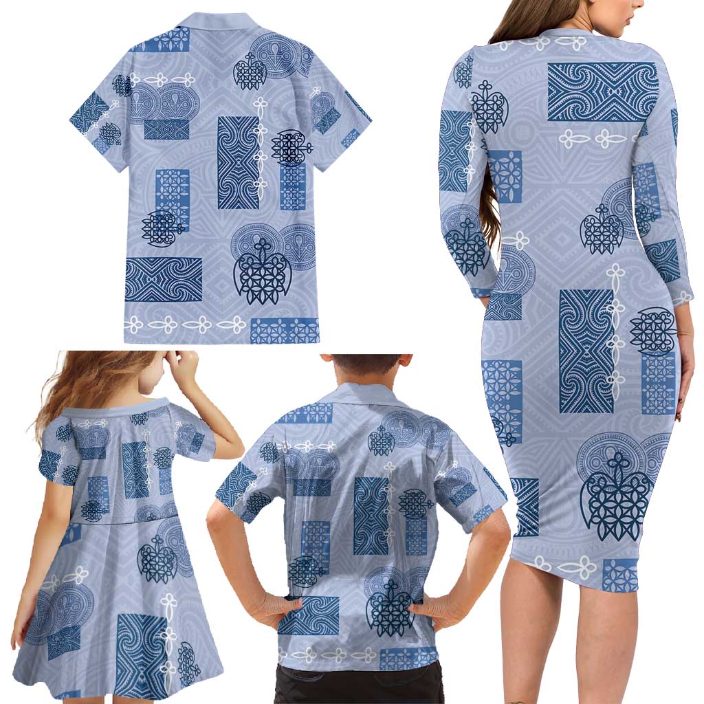 Vintage Lapita Family Matching Long Sleeve Bodycon Dress and Hawaiian Shirt Iconic Double Face Pattern Blue LT05 - Polynesian Pride