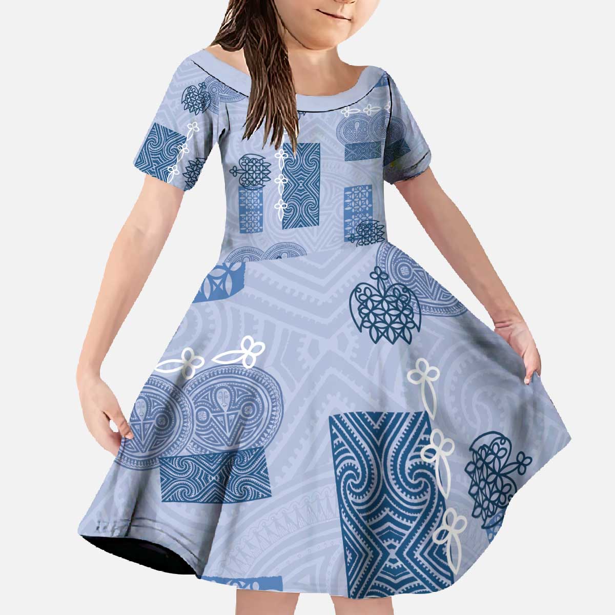 Vintage Lapita Family Matching Off The Shoulder Long Sleeve Dress and Hawaiian Shirt Iconic Double Face Pattern Blue