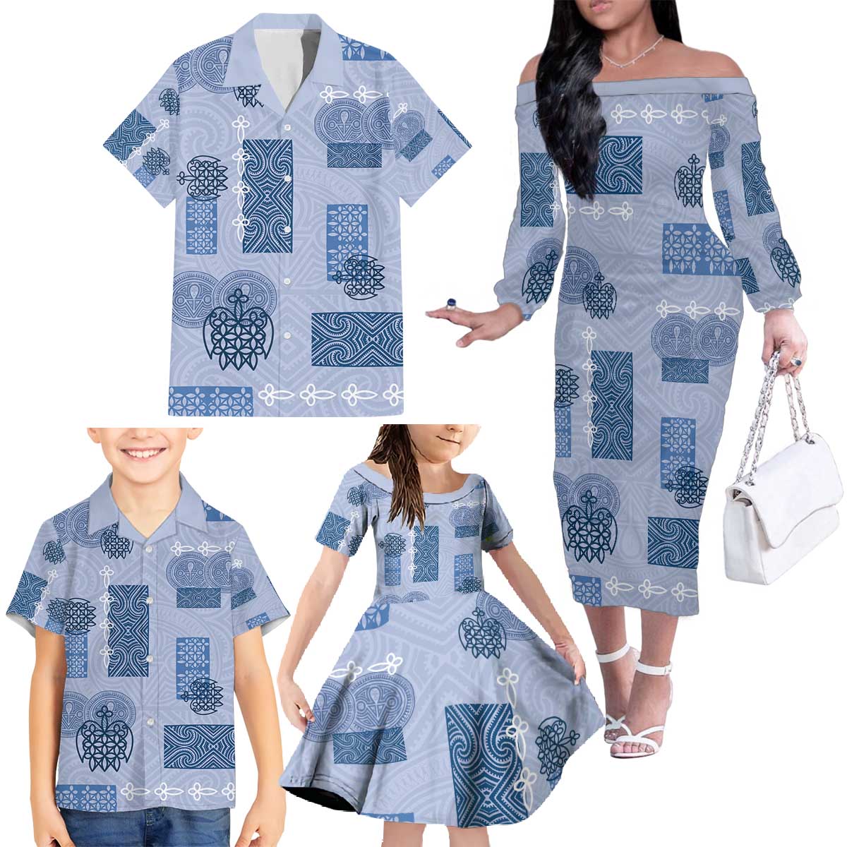 Vintage Lapita Family Matching Off The Shoulder Long Sleeve Dress and Hawaiian Shirt Iconic Double Face Pattern Blue