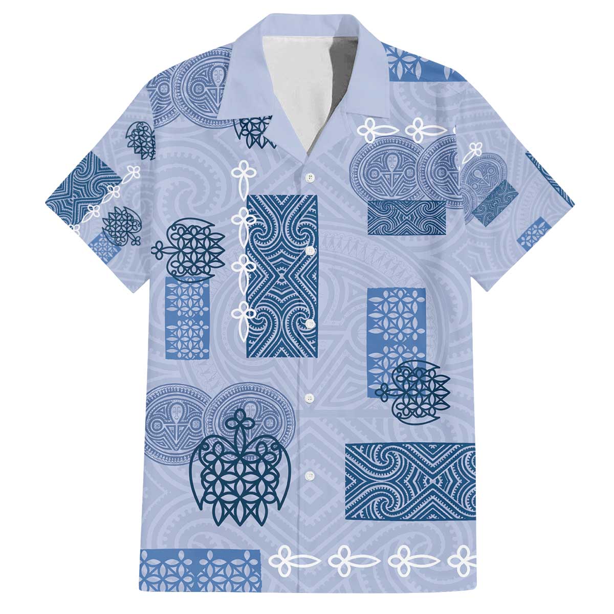 Vintage Lapita Family Matching Off The Shoulder Long Sleeve Dress and Hawaiian Shirt Iconic Double Face Pattern Blue
