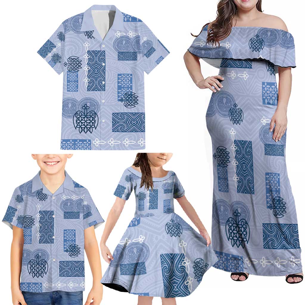 Vintage Lapita Family Matching Off Shoulder Maxi Dress and Hawaiian Shirt Iconic Double Face Pattern Blue LT05 - Polynesian Pride