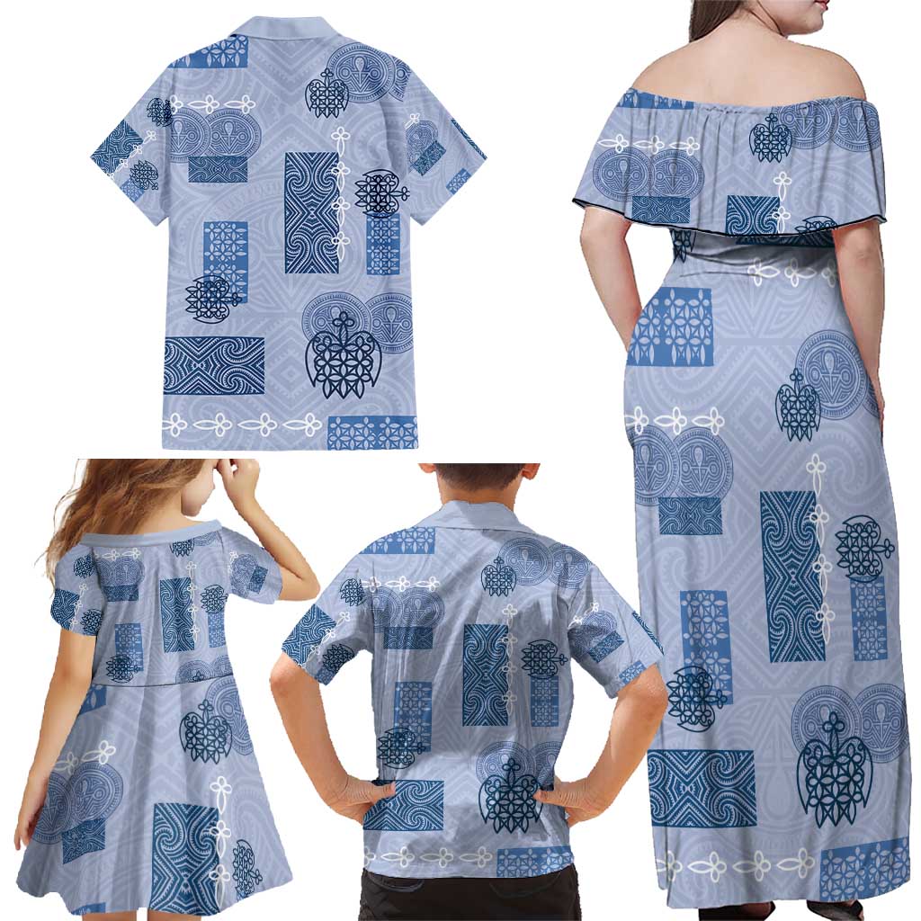 Vintage Lapita Family Matching Off Shoulder Maxi Dress and Hawaiian Shirt Iconic Double Face Pattern Blue LT05 - Polynesian Pride