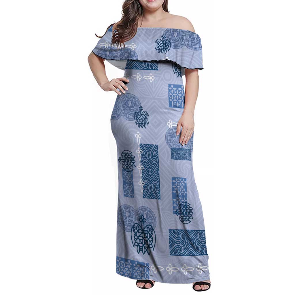 Vintage Lapita Family Matching Off Shoulder Maxi Dress and Hawaiian Shirt Iconic Double Face Pattern Blue LT05 Mom's Dress Blue - Polynesian Pride