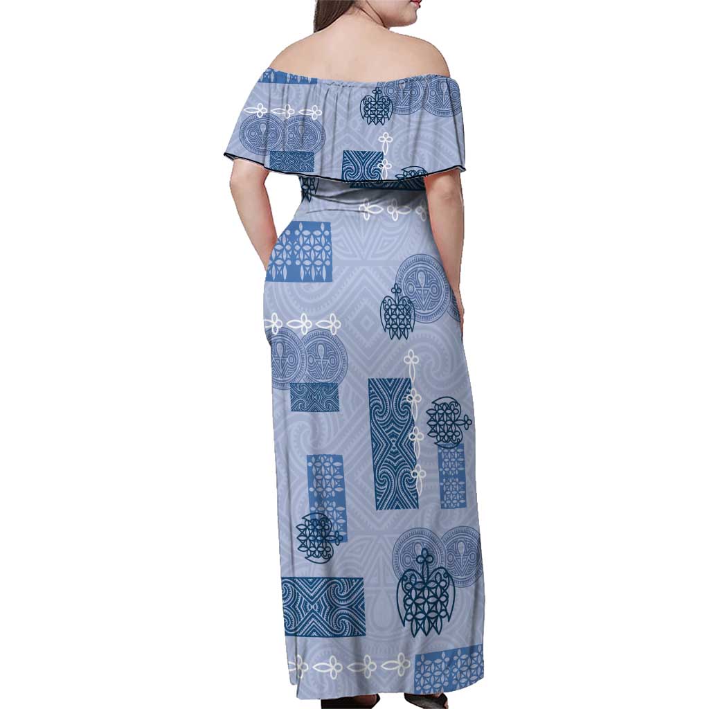 Vintage Lapita Family Matching Off Shoulder Maxi Dress and Hawaiian Shirt Iconic Double Face Pattern Blue LT05 - Polynesian Pride