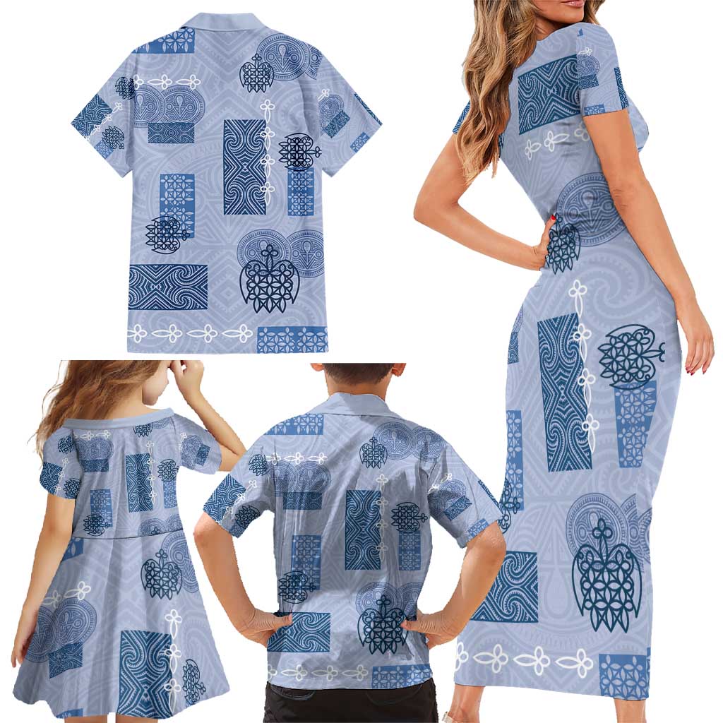 Vintage Lapita Family Matching Short Sleeve Bodycon Dress and Hawaiian Shirt Iconic Double Face Pattern Blue LT05 - Polynesian Pride