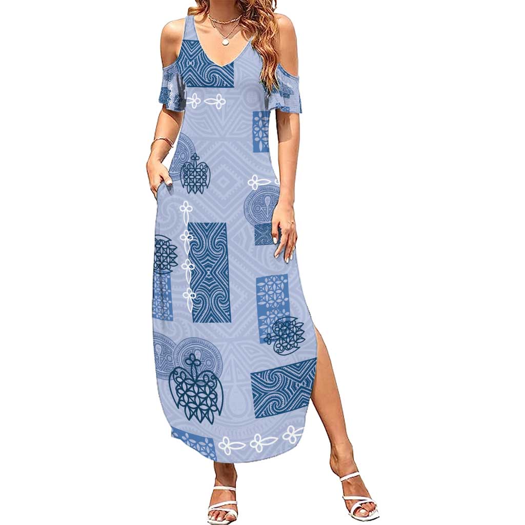 Vintage Lapita Family Matching Summer Maxi Dress and Hawaiian Shirt Iconic Double Face Pattern Blue LT05 Mom's Dress Blue - Polynesian Pride