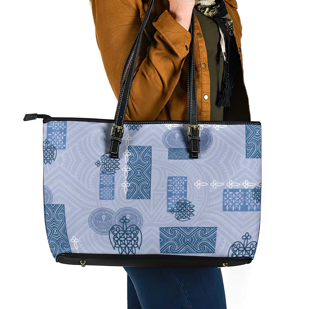 Vintage Lapita Leather Tote Bag Iconic Double Face Pattern Blue LT05 - Polynesian Pride
