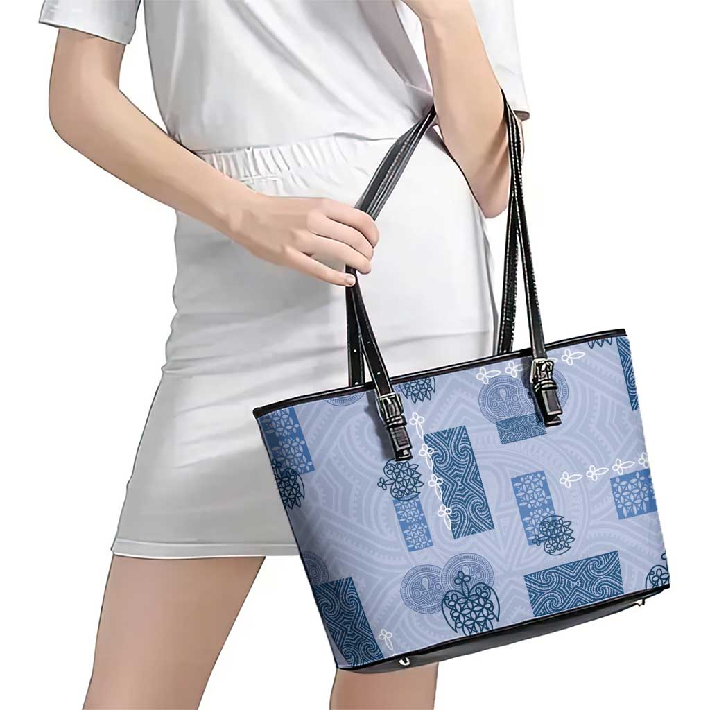 Vintage Lapita Leather Tote Bag Iconic Double Face Pattern Blue LT05 - Polynesian Pride