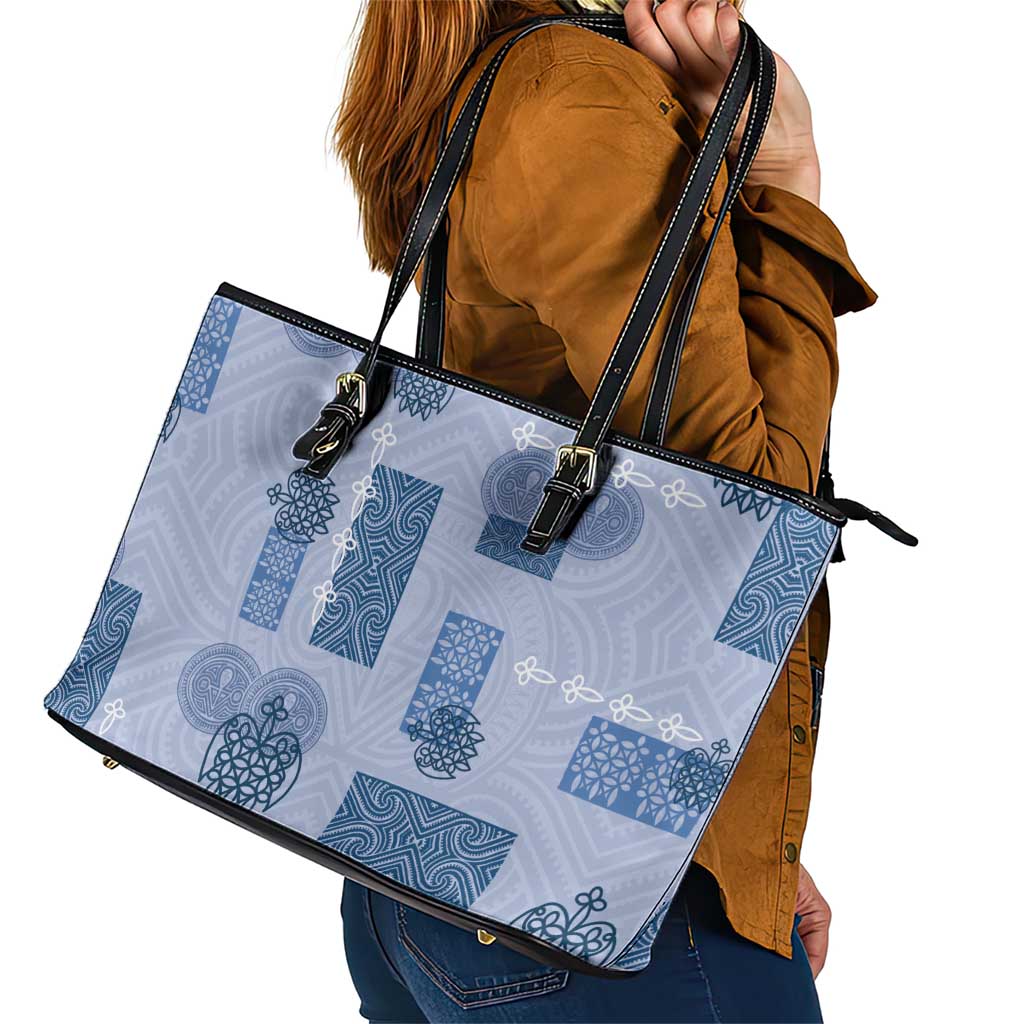 Vintage Lapita Leather Tote Bag Iconic Double Face Pattern Blue LT05 - Polynesian Pride