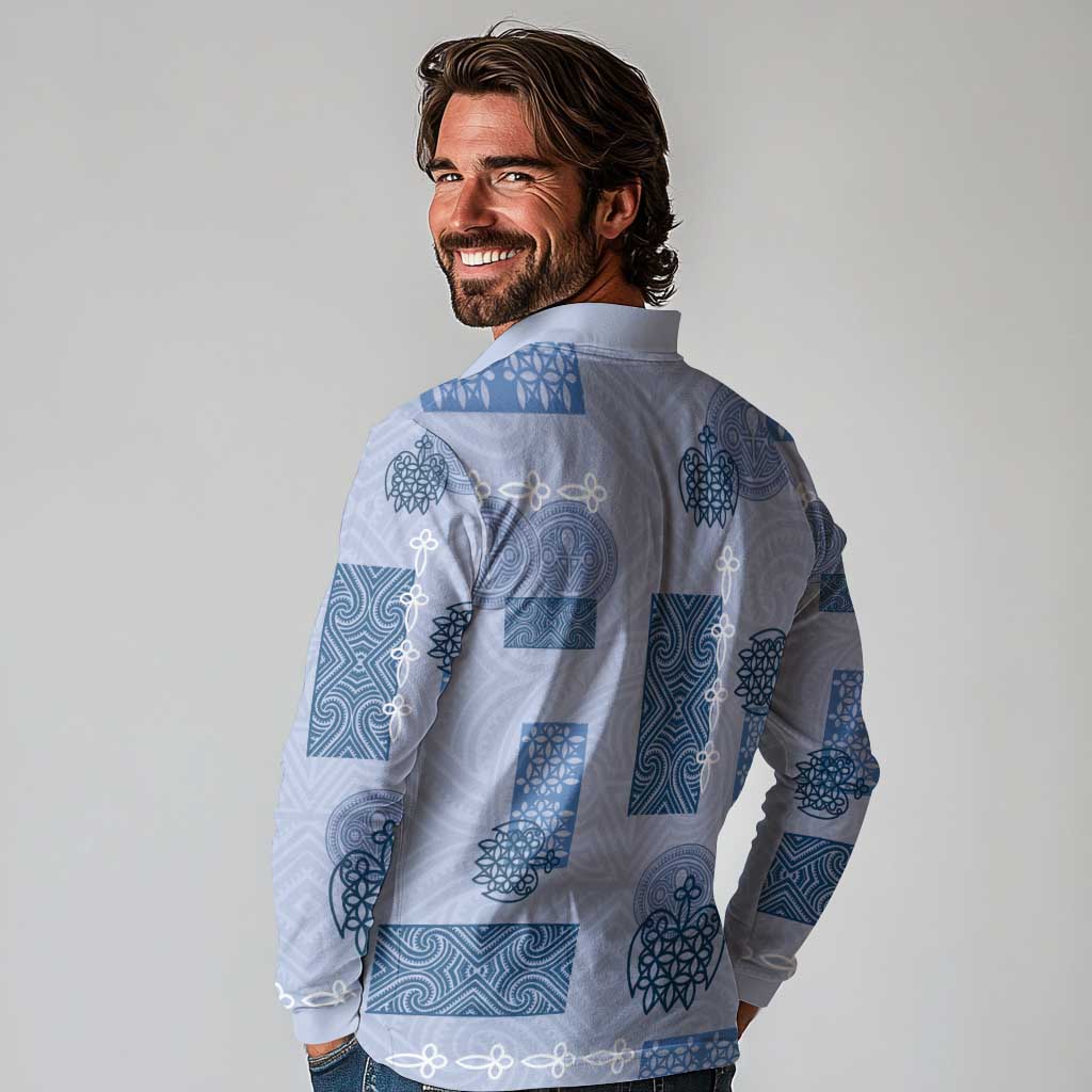 Vintage Lapita Long Sleeve Polo Shirt Iconic Double Face Pattern Blue