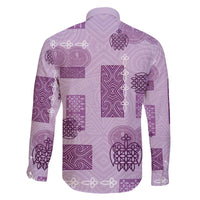 Vintage Lapita Family Matching Off The Shoulder Long Sleeve Dress and Hawaiian Shirt Iconic Double Face Pattern Violet