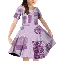Vintage Lapita Family Matching Off Shoulder Short Dress and Hawaiian Shirt Iconic Double Face Pattern Violet
