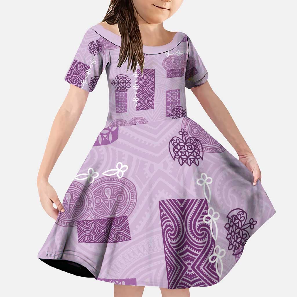 Vintage Lapita Family Matching Summer Maxi Dress and Hawaiian Shirt Iconic Double Face Pattern Violet LT05 Daughter's Dress Violet - Polynesian Pride