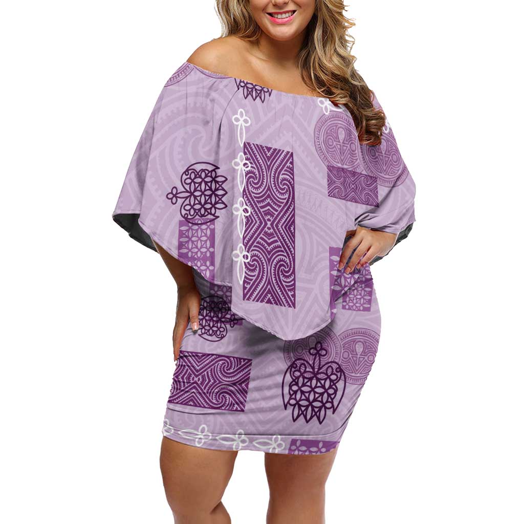 Vintage Lapita Off Shoulder Short Dress Iconic Double Face Pattern Violet