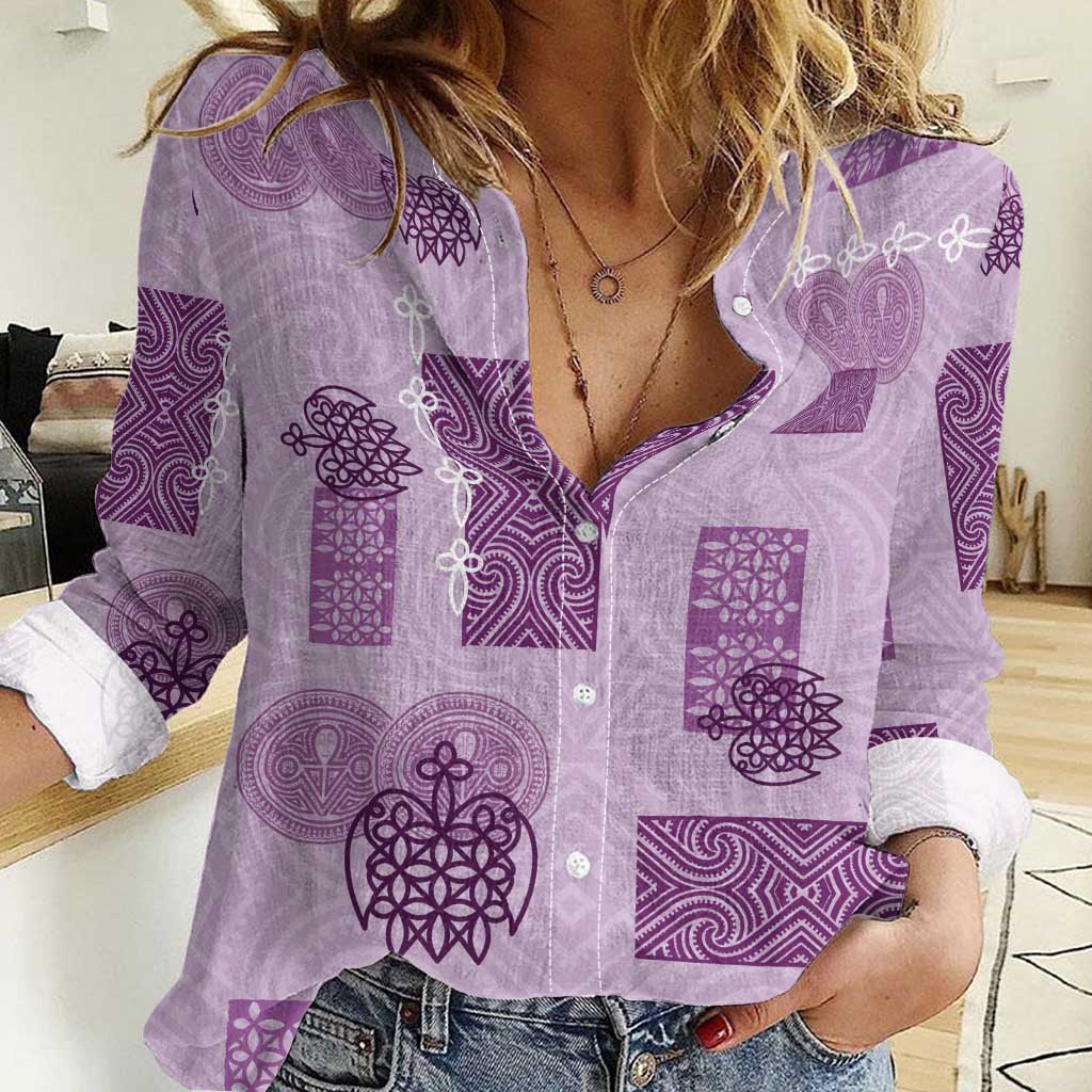 Vintage Lapita Women Casual Shirt Iconic Double Face Pattern Violet LT05 Female Violet - Polynesian Pride
