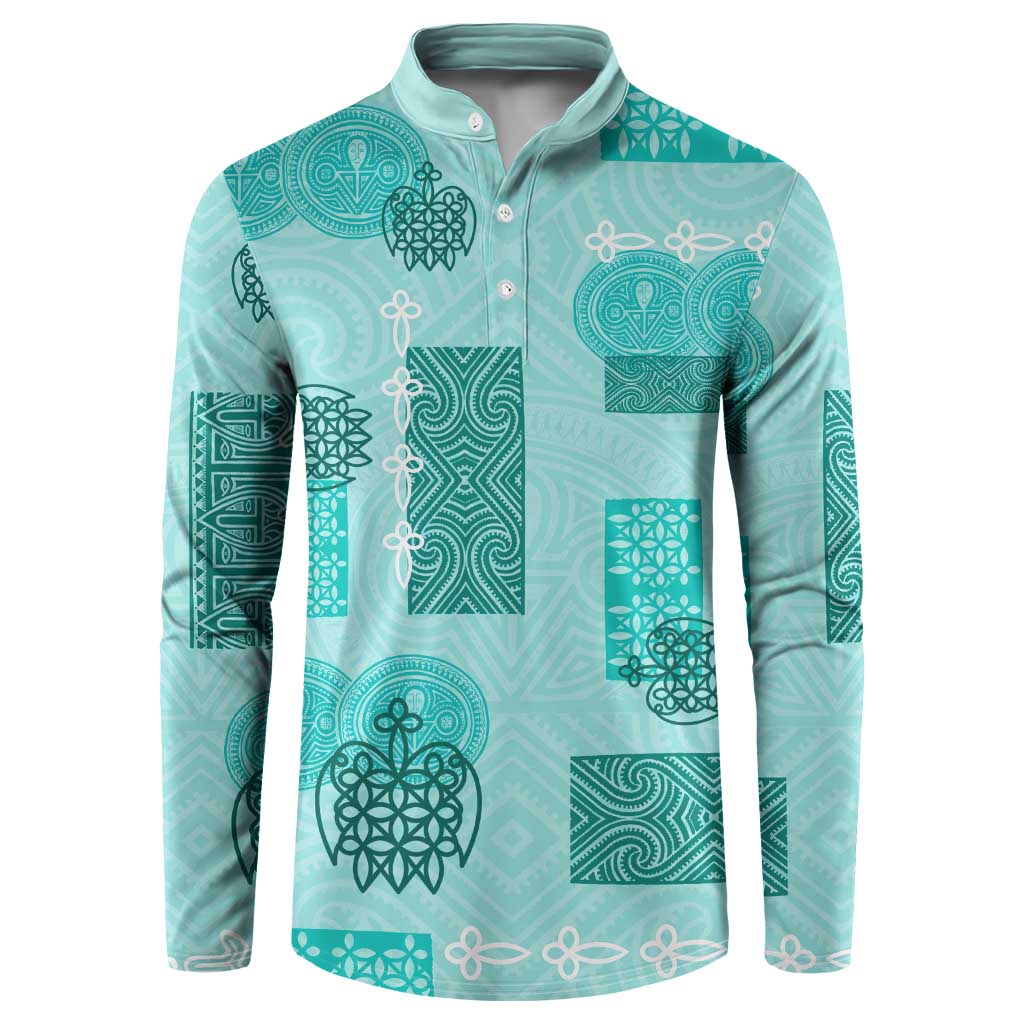 Vintage Lapita Button Sweatshirt Iconic Double Face Pattern Turquoise LT05 Turquoise - Polynesian Pride