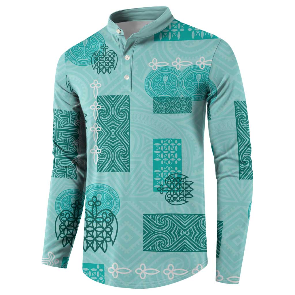Vintage Lapita Button Sweatshirt Iconic Double Face Pattern Turquoise LT05 - Polynesian Pride