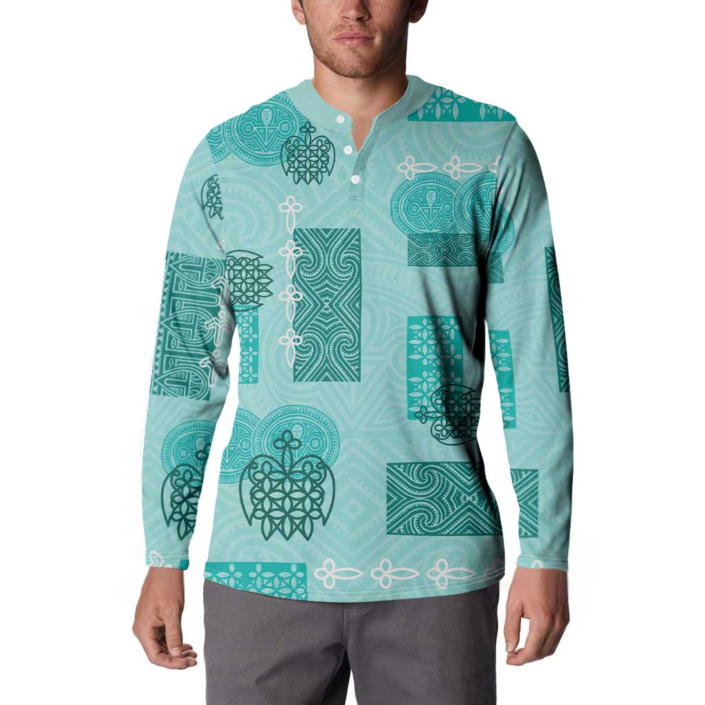 Vintage Lapita Button Sweatshirt Iconic Double Face Pattern Turquoise LT05 - Polynesian Pride