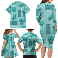 Vintage Lapita Family Matching Long Sleeve Bodycon Dress and Hawaiian Shirt Iconic Double Face Pattern Turquoise LT05 - Polynesian Pride