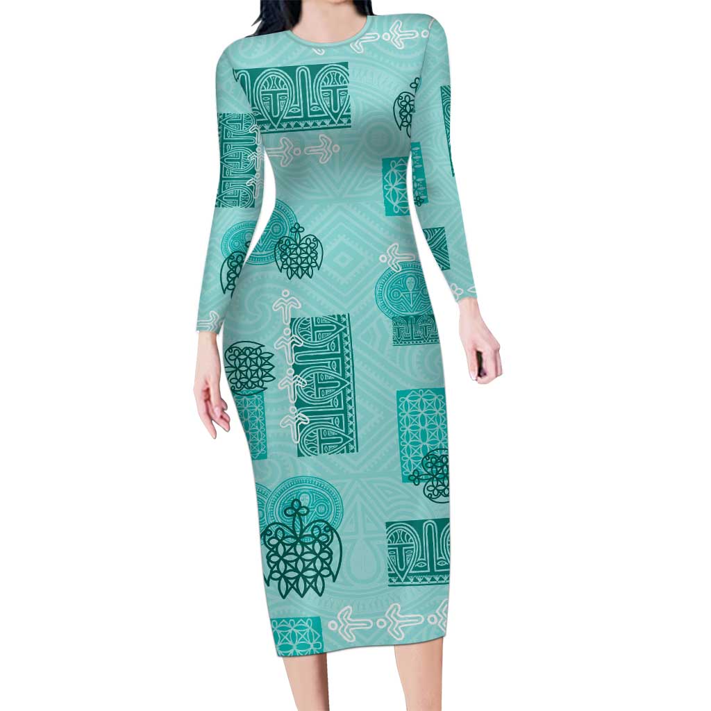 Vintage Lapita Family Matching Long Sleeve Bodycon Dress and Hawaiian Shirt Iconic Double Face Pattern Turquoise LT05 Mom's Dress Turquoise - Polynesian Pride