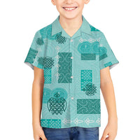 Vintage Lapita Family Matching Long Sleeve Bodycon Dress and Hawaiian Shirt Iconic Double Face Pattern Turquoise LT05 Son's Shirt Turquoise - Polynesian Pride
