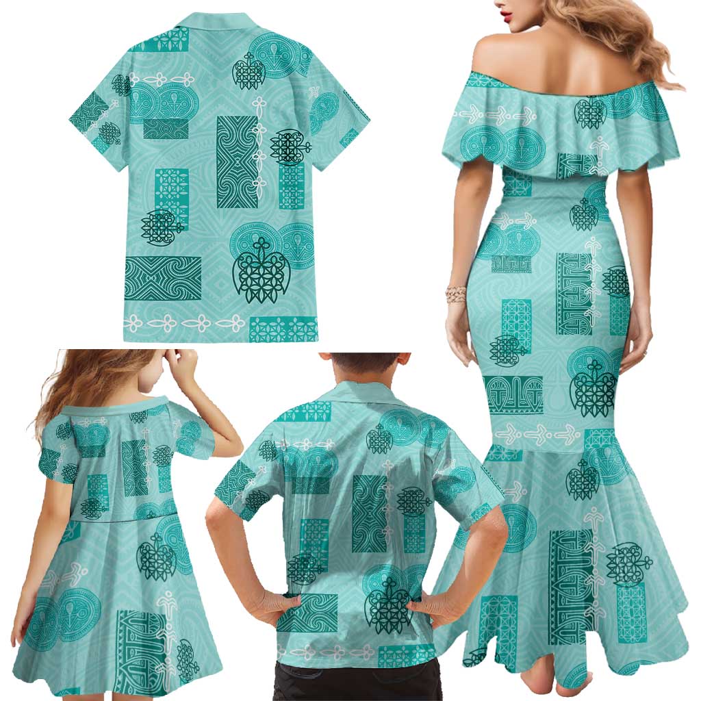 Vintage Lapita Family Matching Mermaid Dress and Hawaiian Shirt Iconic Double Face Pattern Turquoise LT05 - Polynesian Pride
